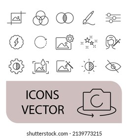 Juego de iconos de edición de fotos . Símbolo del paquete de edición de fotos vectores para web de infografía