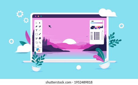 Photo editing illustration - Computer with photo software, nature image and user interface and tool bars. Vector illustration.