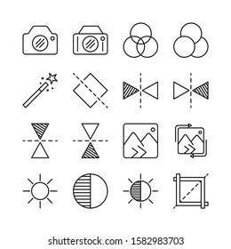 Photo Editing line icons set vector illustration. Brightness, filter, gallery, adjustments, camera, reflect, contrast. Pixel perfect. Editable Stroke