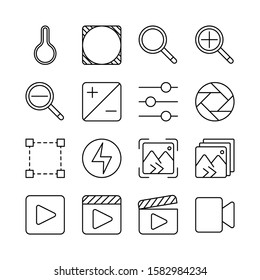 Photo Editing line icons set vector illustration. Brightness, filter, gallery, auto correction, adjustments, croping, and more. Pixel perfect. Editable Stroke.