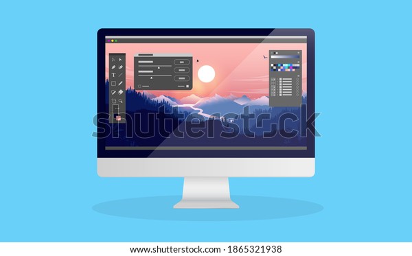Photo editing on desktop computer - Photo\
editor software with user interface and beautiful landscape image.\
Vector illustration.