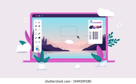 Photo editing on laptop computer - Photo editor software with user interface and beautiful landscape image in editable 3d vector illustration.