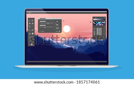 Photo editing on laptop computer - Photo editor software with user interface and beautiful landscape image. 