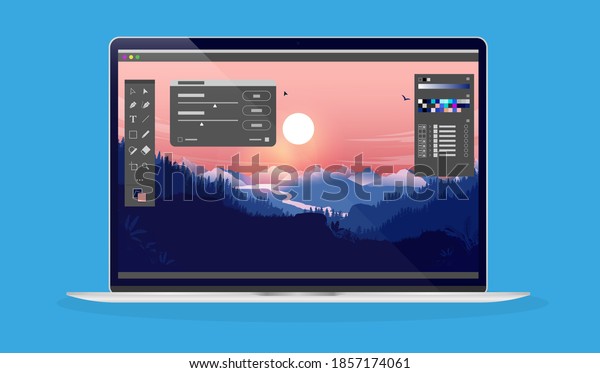 Photo editing
on laptop computer - Photo editor software with user interface and
beautiful landscape image.
