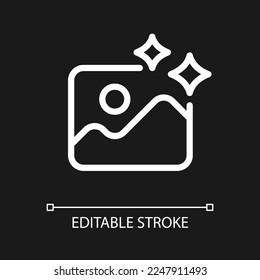 Photo editing pixel perfect white linear ui icon for dark theme. Visual effect and filters. Vector line pictogram. Isolated user interface symbol for night mode. Editable stroke. Arial font used
