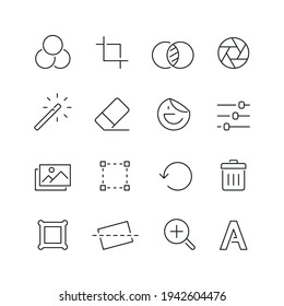 Photo editing related icons: thin vector icon set, black and white kit