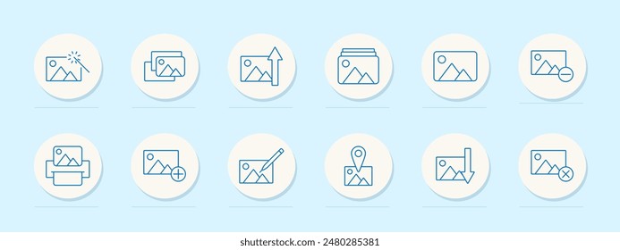 Photo editing set icon. Magic wand, image stack, growth chart, folder, print, pencil, map pin, arrow down, delete. Editing, enhancement, photography tools concept. Vector line icons on blue background