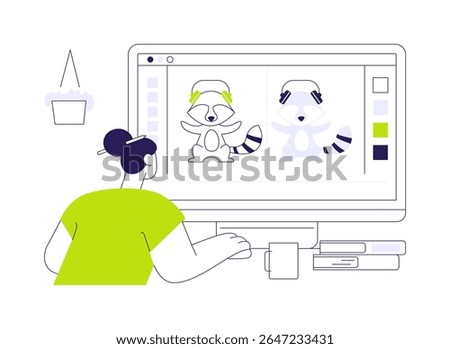 Photo editing software abstract concept vector illustration. Professional retoucher using photo editing app on laptop, IT technology, professional image processing software abstract metaphor.