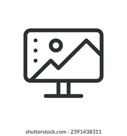 Icono aislado de software de edición de fotos, ícono vectorial del ordenador del fotógrafo con trazo editable