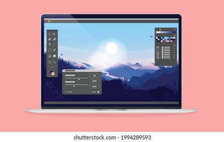 Photo editing software on laptop screen - Computer with image software, user interface and beautiful landscape in background. Vector illustration.