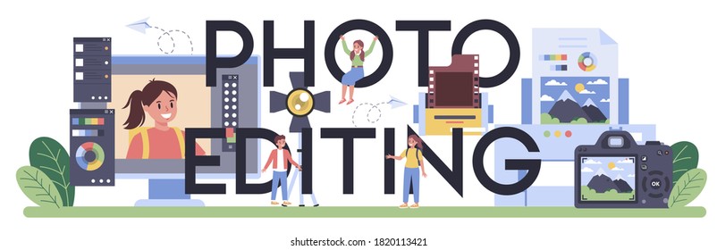 Encabezado tipográfico de edición de fotos. Fotógrafo profesional que enseña a los niños sobre la iluminación y la edición de fotos. Hobby artístico y clase de fotografía. Ilustración vectorial plana aislada