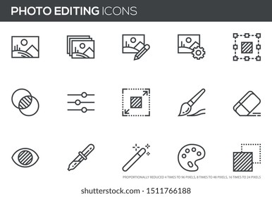 Photo editing vector line icons set. Image editing, brightness, filter. Editable stroke. Perfect pixel icons, such can be scaled to 24, 48, 96 pixels.