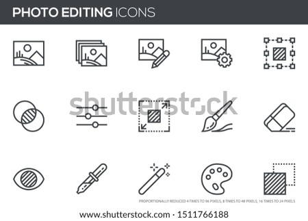 Photo editing vector line icons set. Image editing, brightness, filter. Editable stroke. Perfect pixel icons, such can be scaled to 24, 48, 96 pixels.