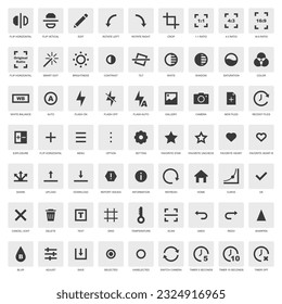 Photo editor app icon set. Crop, flip, rotate, filter, brightness, contrast, silhouette sign icon symbol pictogram vector illustration