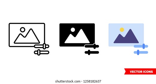 Photo editor icon of 3 types: color, black and white, outline. Isolated vector sign symbol.