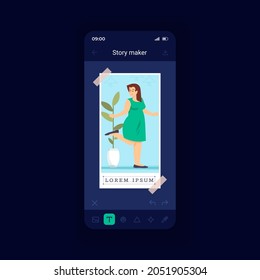 Photo editor night mode smartphone interface vector template. Social media content edit. Mobile app page design layout. Online filters screen. Flat UI for application. Phone display