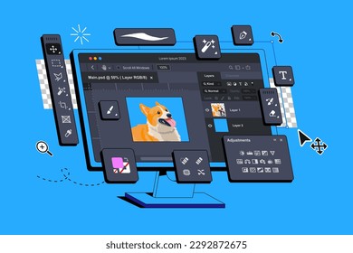 The Photo Editor Program is displayed on the computer. The display shows the Application for Editing Raster Images. Photography Footage montage. Pictures Editing Software Interface. Creating digital a