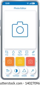 Photo editor smartphone interface template. Mobile app page layout.Content maker. Social media post creator. Camera screen. Flat UI for photo editing application. Photography enhancer phone display
