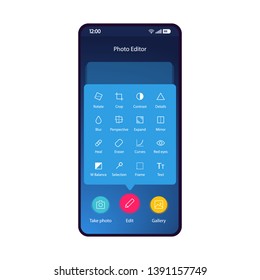 Photo editor smartphone interface vector template. Mobile app page blue design layout. Online photo editing, correction. Filters, effects, textures screen. Flat UI for application. Phone display