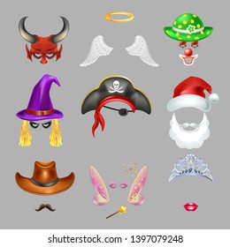 Photo effect Halloween or carnival masks isolated objects vector devil and angel clown and witch pirate and Santa Clause cowboy and fairy princess fantastic characters accessories horns wings and hats