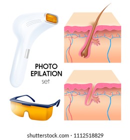 Photo Epilation Realistic Set With Epilator Protective Goggles And Cross Section Of Skin Layers Scheme Vector Illustration 