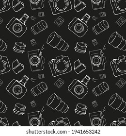 Photo equipment: photo apparatus, lens, memory cards, photographic film. Seamless pattern in cartoon style vector illustration. Hand drawn doodle style.