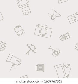 Photo equipment background - Vector seamless pattern of camera, flash, lens, tripod, slr and light for graphic design