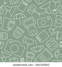 Photo equipment background - Vector seamless pattern minimal symbols of camera, flash, lens, tripod, slr and light for graphic desig