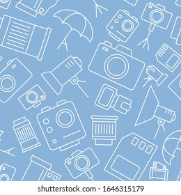 Photo equipment background - Vector seamless pattern of camera, flash, lens, tripod, slr and light for graphic design