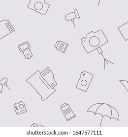 Photo equipment background - Vector seamless pattern minimal symbols of camera, flash, lens, tripod, slr and light for graphic design