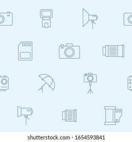 Photo equipment background - Vector seamless pattern of camera, flash, lens, tripod, slr and light for graphic design