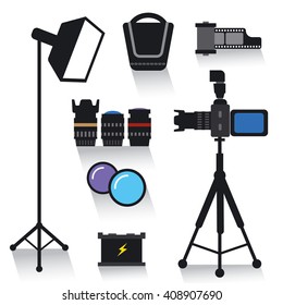 photo equipment icons, set of photo equipment, camera, light, lenses and battery