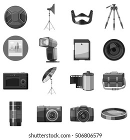 Photo equipment icons set. Gray monochrome illustration of 16 photo equipment vector icons for web