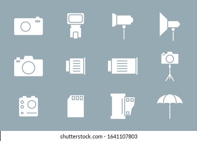 Photo equipment Icons set - Vector solid minimal silhouettes of camera, flash, lens, tripod, slr and light for the site or interface