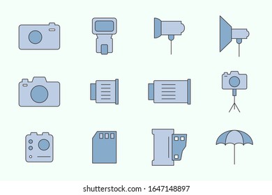 Photo equipment Icons set - Vector color minimal symbols of camera, flash, lens, tripod, slr and light for the site or interface