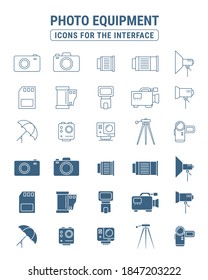 Photo Equipment Icons set - Vector outline symbols and silhouettes of camera, film, tripod, lens, flash, light, memory and etc. for the site or interface