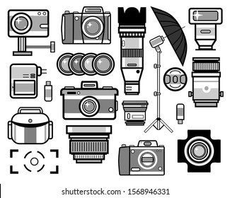 Photo equipment isolated icons, digital and retro cameras vector. Gadgets for professional studio photography, lens and light, flashlight and focus, bag and battery. Taking picture and photoshoot tool