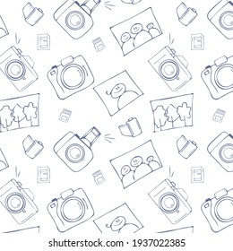 Photo equipment and photography seamless pattern. Cartoon style vector illustration. Hand drawn doodle style.