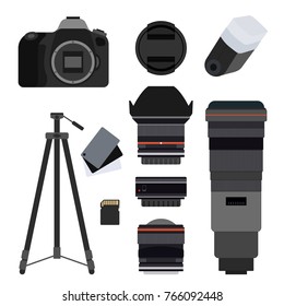 Photo equipment set flat vector illustration. DSLR, Mirrorless camera,  Tripod, Balance grey cards, Memory card, Light reflector, Wife angle lens, Pancake lens, Super telephoto, Cap, Flash diffuser