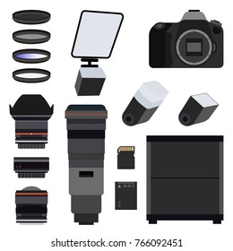 Photo equipment set flat vector illustration. DSLR, Mirrorless camera,  Memory card,  Wife angle lens, Pancake lens, Telephoto lens,  UV filter, ND filter, Remote shutter release, Battery, Dry cabinet