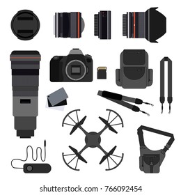 Photo equipment set flat vector illustration.  Balance grey cards, Memory card,  Wife angle lens, Pancake lens, Super telephoto lens,  Remote shutter release, Lens cap, Drone, Shooting sling bag