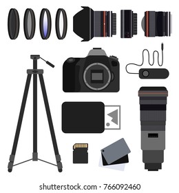 Photo equipment set flat vector illustration. DSLR, Mirrorless camera,  Tripod, Balance grey cards, Memory card,  Wife angle lens, Pancake lens, Super telephoto lens,  Portable printer, UV filter