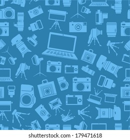 Photo equipment silhouettes blue seamless background