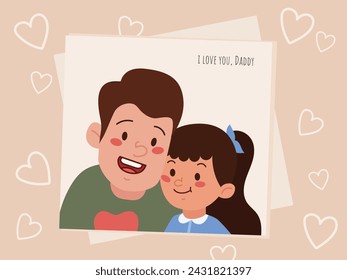 Photo of father and daughter, shots on a peach background. Illustration for Father's Day. Vector illustration in flat cartoon style.