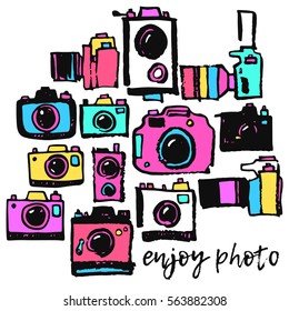 Photo film camera colorful hippie hand drawing grunge doodle collection set