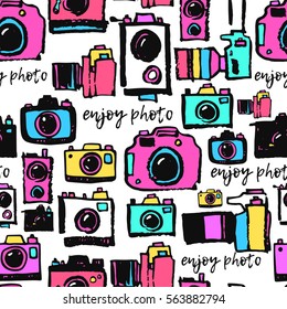 Photo film camera colorful hippie hand drawing grunge doodle collection set seamless background