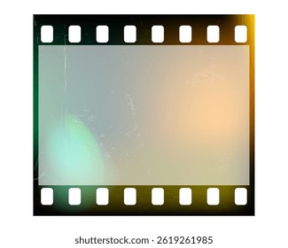 Photo film frame with light leak effect. 35 mm film strip format. Vintage overlay filter. Video tape border mockup with flare gradient