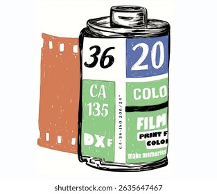 Photo film reel. Camera film roll and the film strip. Vintage camera film print design for t shirt print, poster, sticker, background and other uses.