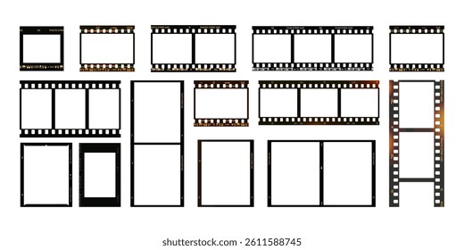 Photo film strip. Film long frame. Trendy video template for social media. Cinema footage effect. Negative strips border. Blank film storytelling. Vector set.