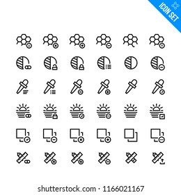 Photo Filters Related Icon set. Contains such Icons as Cells, Contrast, Eyedropper, Highlights, Layout, Pencil Tool. Vector Flat Icon Set in Line Style for Mobile application or Web site.